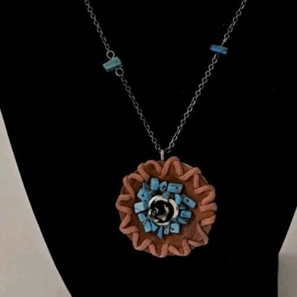VTG South Western Style Turquoise & Leather Sterling Silver Chain Necklace - Picture 8 of 9